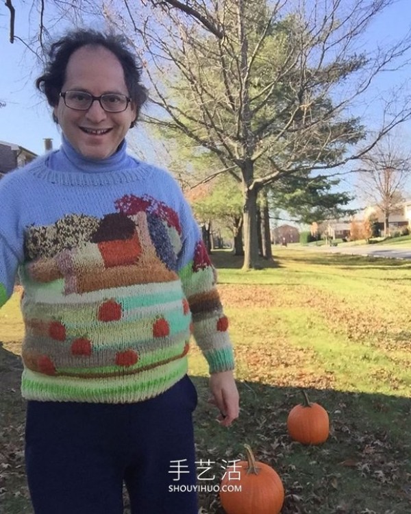 A man knits a sweater by hand, then travels to a specific area to wear it! 