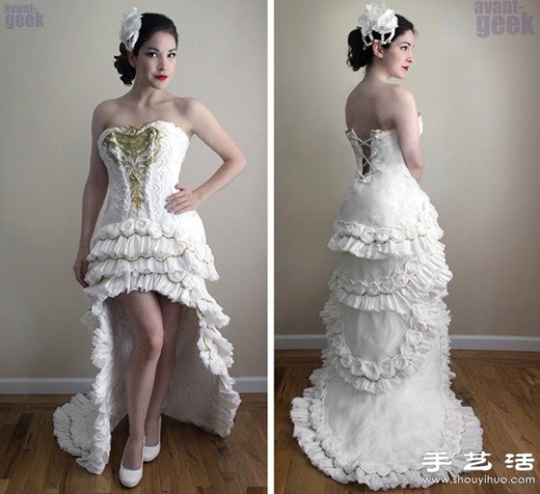 Beautiful pure white wedding dress made by toilet paper DIY