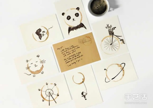 A simple hand-drawn illustration on a postcard is finished with coffee stains