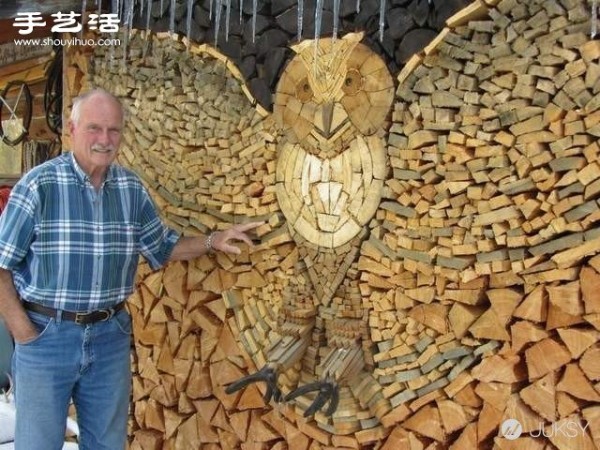 82-year-old grandpa used collected wood blocks to DIY mosaic owl