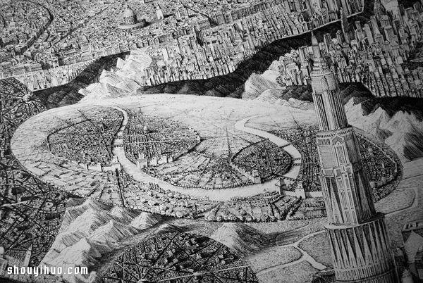 Ben Sack uses a syringe pen to draw a fantasy world like an alien city