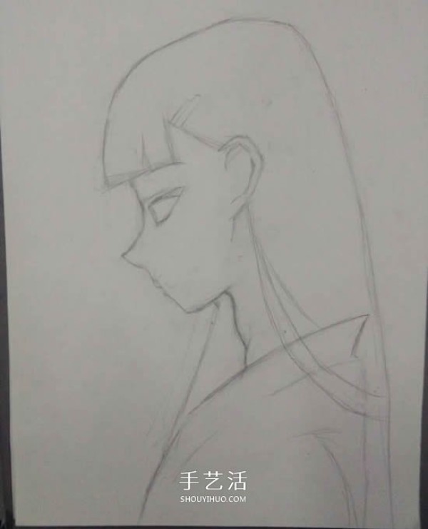 Tutorial on pencil drawing of cartoon girl with side face and long hair