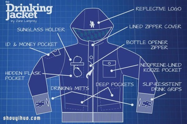 A multi-functional outer jacket designed specifically for alcohol lovers