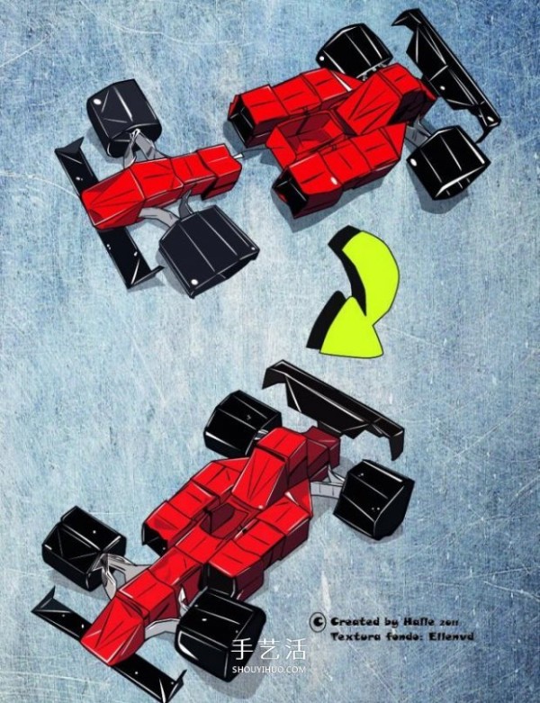 Illustration of the origami method of the formula racing car. The work looks very realistic! 