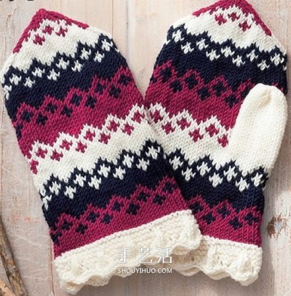 Illustration of knitting mittens with beautiful patterns using wool