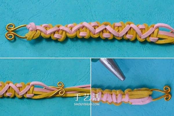 Illustrated two-color leather woven bracelet tutorial on how to weave a suede rope bracelet