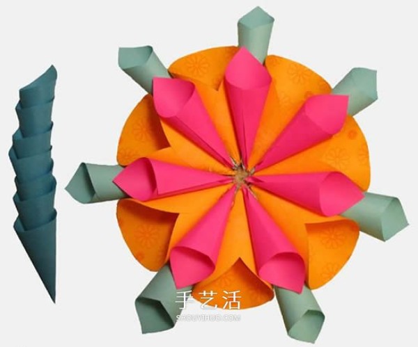 Illustration of how to make hand-made three-dimensional paper flowers with sticky notes