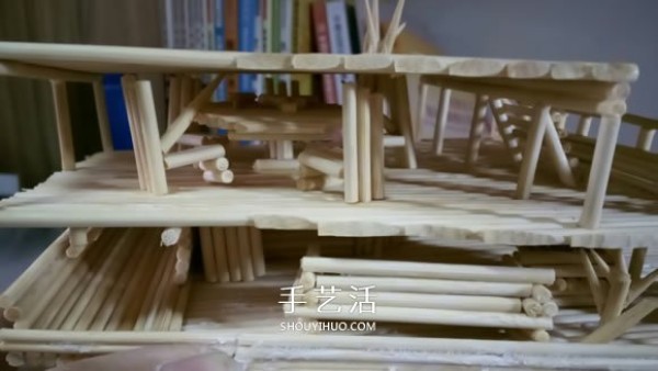 The ancient warship model is hand-made with disposable chopsticks