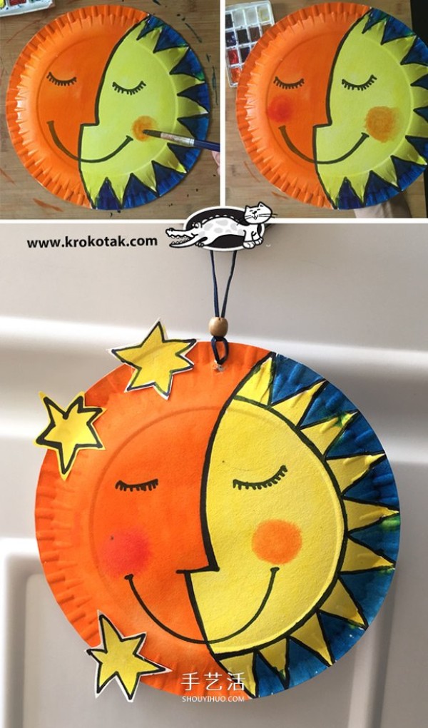 Tutorial on making sun and moon ornaments on paper plates in kindergarten