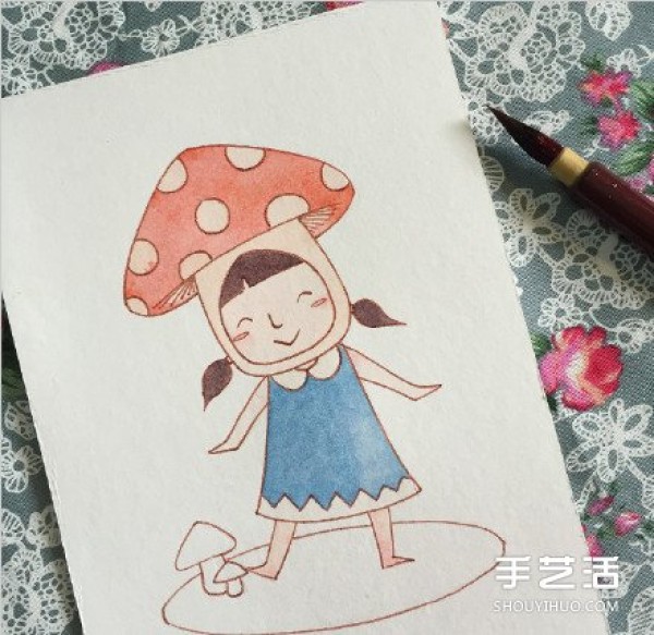 The drawing of a cute little girl playing the role of a mushroom teaches you how to color