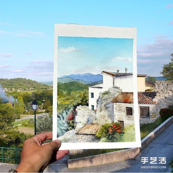 The artist replaced the camera with watercolors to capture the beautiful scenery along the journey