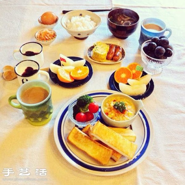 A Japanese housewife shares a hearty breakfast in daily life