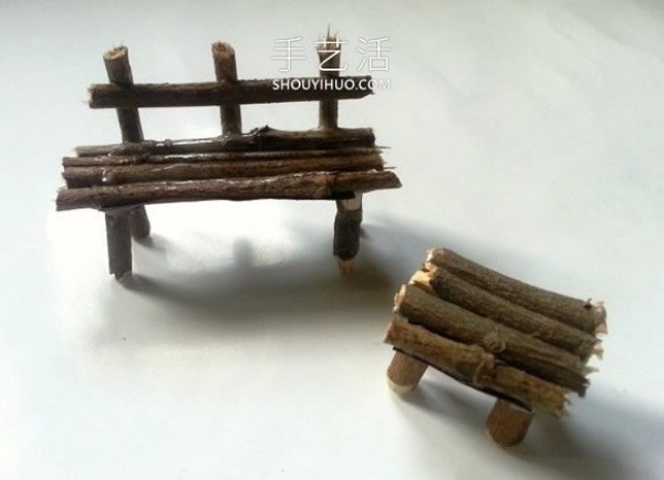 Handmade tutorial for young children to use tree branches to make benches and tables