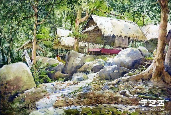 Pictures of landscape watercolor paintings by Malaysian painter Guo Shaopeng