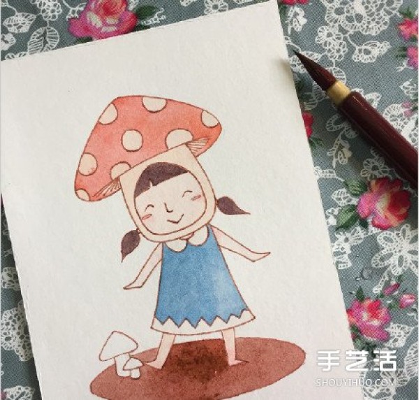 The drawing of a cute little girl playing the role of a mushroom teaches you how to color