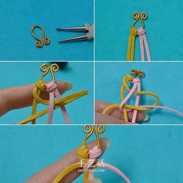 Illustrated two-color leather woven bracelet tutorial on how to weave a suede rope bracelet