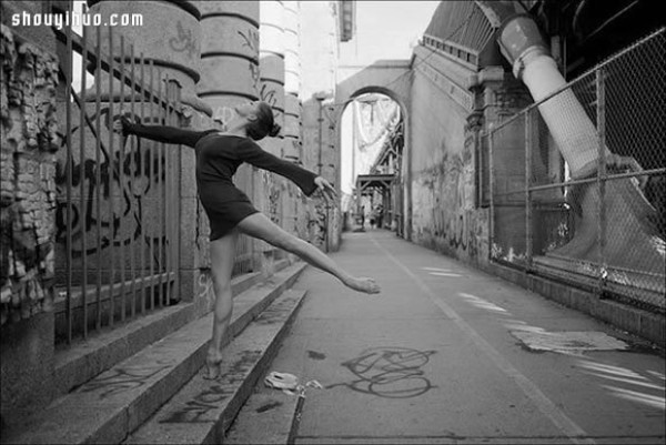 The graceful ballet postures outside the pointe art stage under the camera