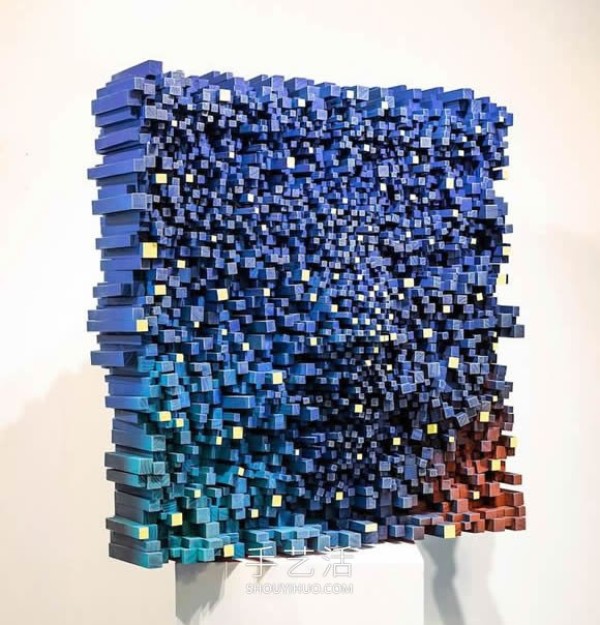 Vibrant pixelated wood carvings show the depth of the human soul