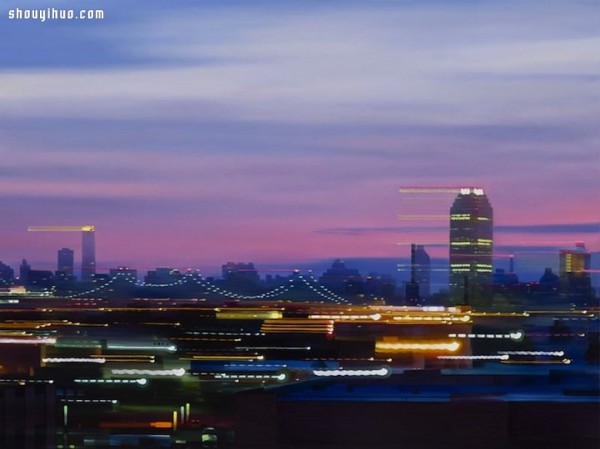 Abstract painting of New York City night scene with psychedelic interweaving of light and shadow