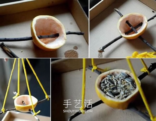 Illustrated tutorial on how to make your own grapefruit peel bird feeder