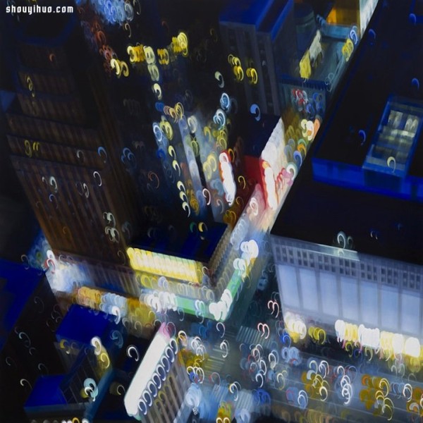 Abstract painting of New York City night scene with psychedelic interweaving of light and shadow