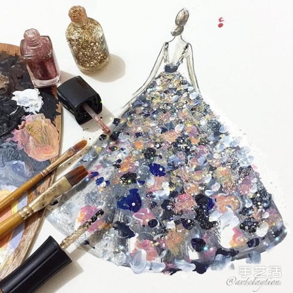 Nail polish art fashion painting uses nail polish to draw a gorgeous evening dress