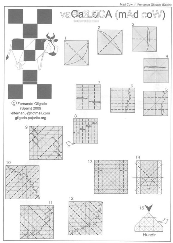 Super difficult origami square cow uses black and white to express body patterns