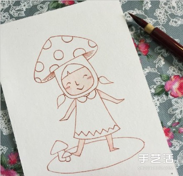 The drawing of a cute little girl playing the role of a mushroom teaches you how to color