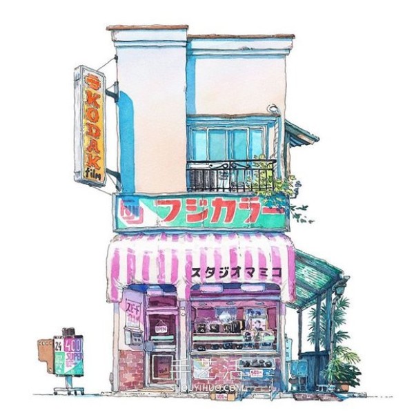 Fantasy Japanese storefront! Fictional watercolor painting by Polish animator