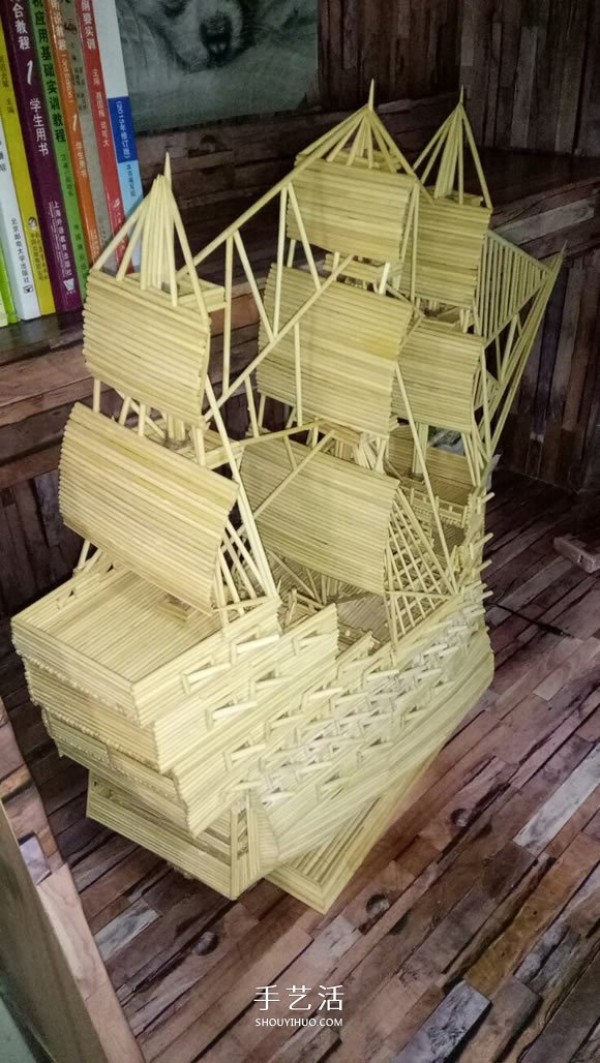 The ancient warship model is hand-made with disposable chopsticks