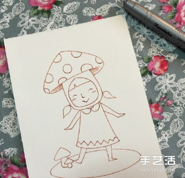 The drawing of a cute little girl playing the role of a mushroom teaches you how to color