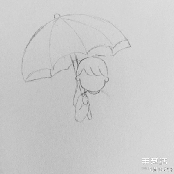 Picture tutorial on how to draw a little girl holding an umbrella in the rain