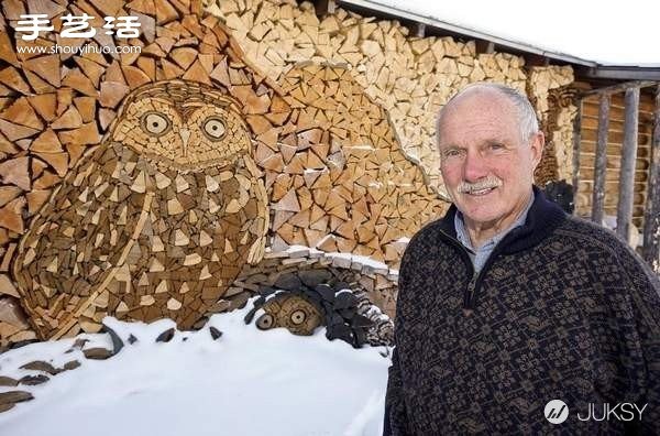 82-year-old grandpa used collected wood blocks to DIY mosaic owl