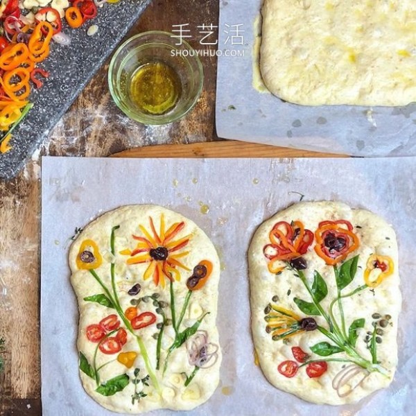 Focaccia bread is used as a canvas to create Van Gogh style art paintings