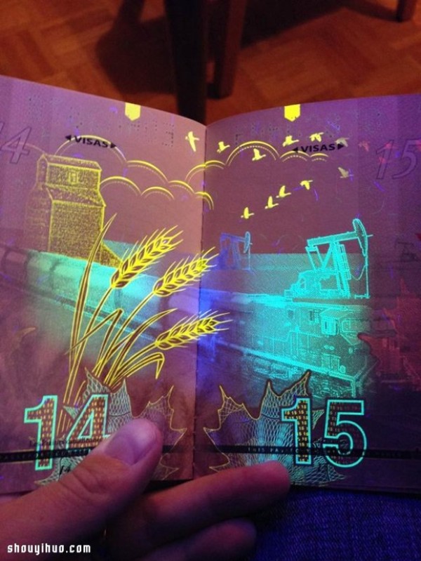 The super gorgeous picture of Canadian passport after being illuminated by ultraviolet light