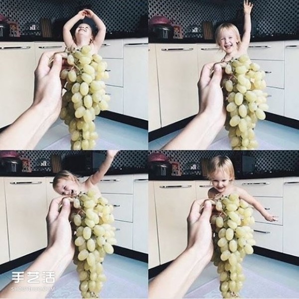 Creative childrens photo: The little girl puts on the cute fruit and vegetable dress made by her mother