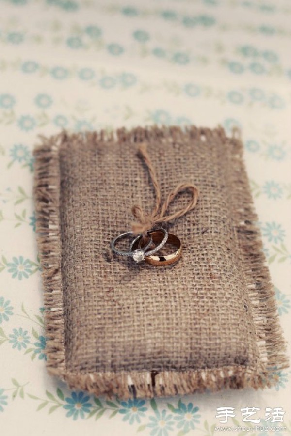 Handmade linen ring pillows commonly seen in forest weddings