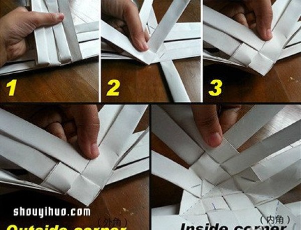 Detailed step-by-step picture of how to make a storage tube/pen holder from paper strips