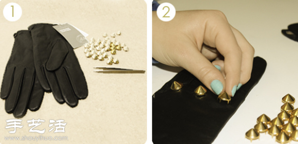 Tutorial on DIY rivet leather gloves repurposed from old items