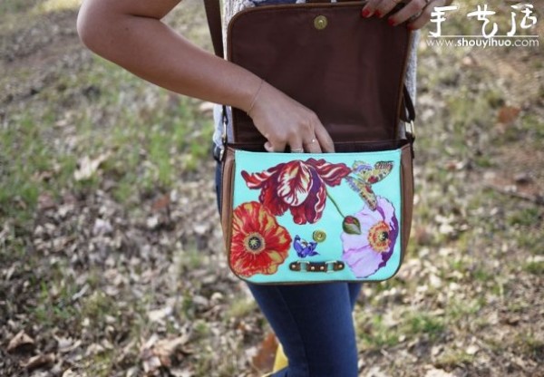 Ladys old leather bag, DIY butterfly love flower pattern