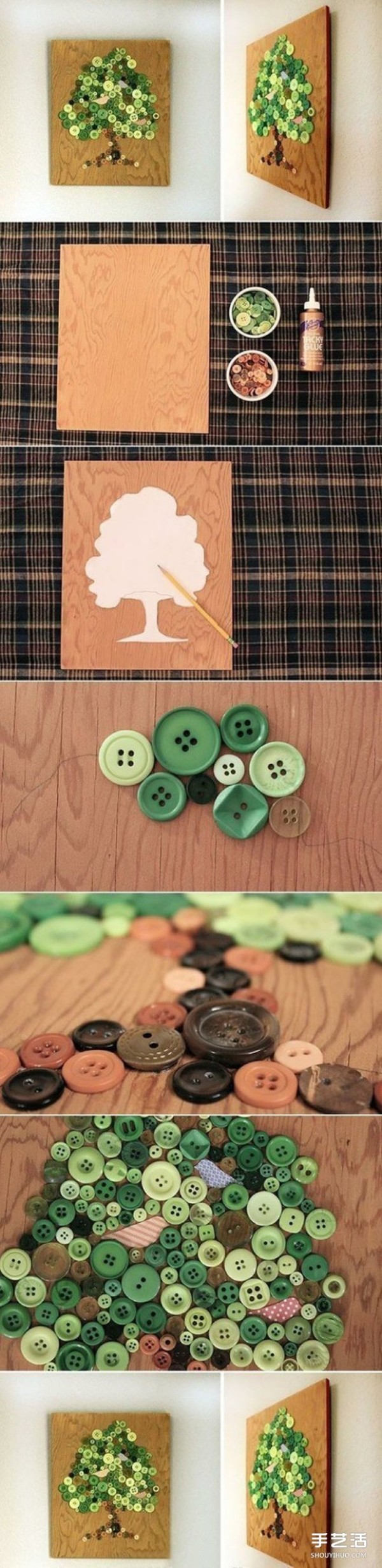 Button handicraft: a simple and beautiful tree decoration painting DIY