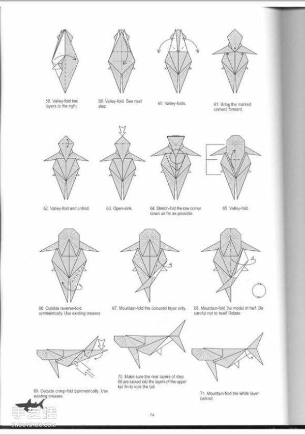 Super complex origami shark illustration, detailed steps for folding a three-dimensional shark