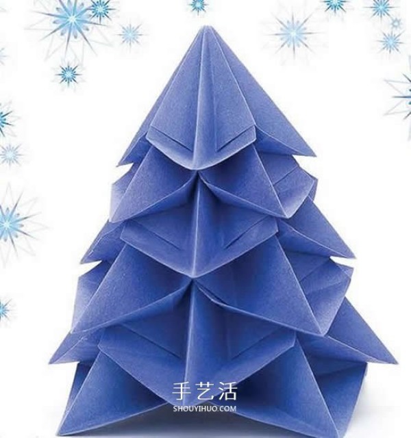 Octagonal paper folding Christmas tree and an illustration of how to fold a three-dimensional superimposed Christmas tree