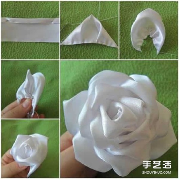 How to fold a ribbon rose and an illustration of how to make a wide ribbon rose