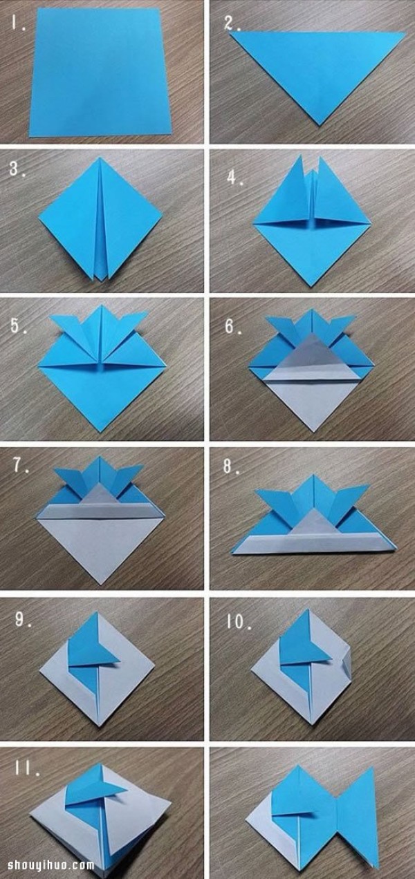 Illustration of folding method of tropical fish and steps of handmade origami tropical fish