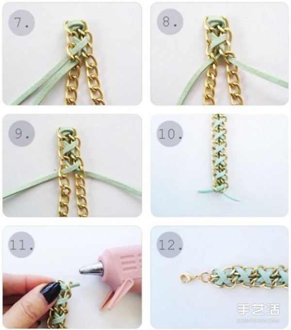 DIY illustrated tutorial for a beautiful necklace and bracelet woven from leather and metal chains