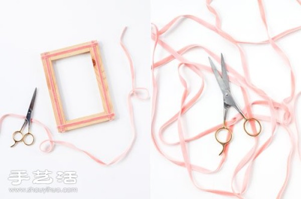 Illustrated tutorial on how to simply remodel a wooden photo frame by hand using ribbons