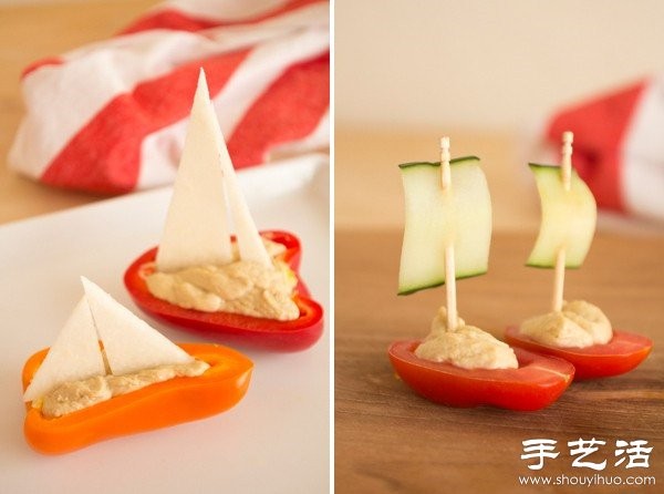 Vegetable DIY handmade boat sailing to the sea