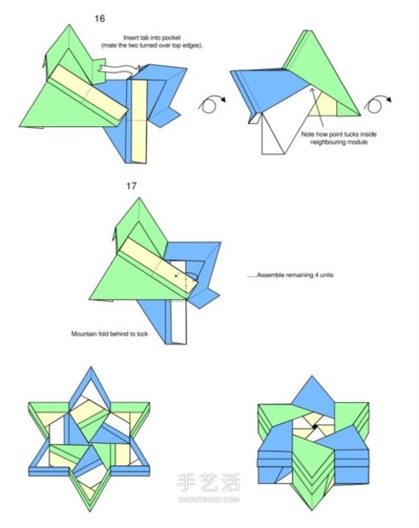 Illustration of the folding method of a six-pointed star paper box and the steps of origami hexagonal paper box with lid