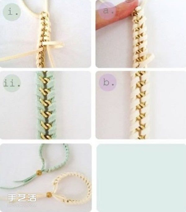 Illustration of how to knit a simple and stylish leather and metal chain mixed and matched style bracelet